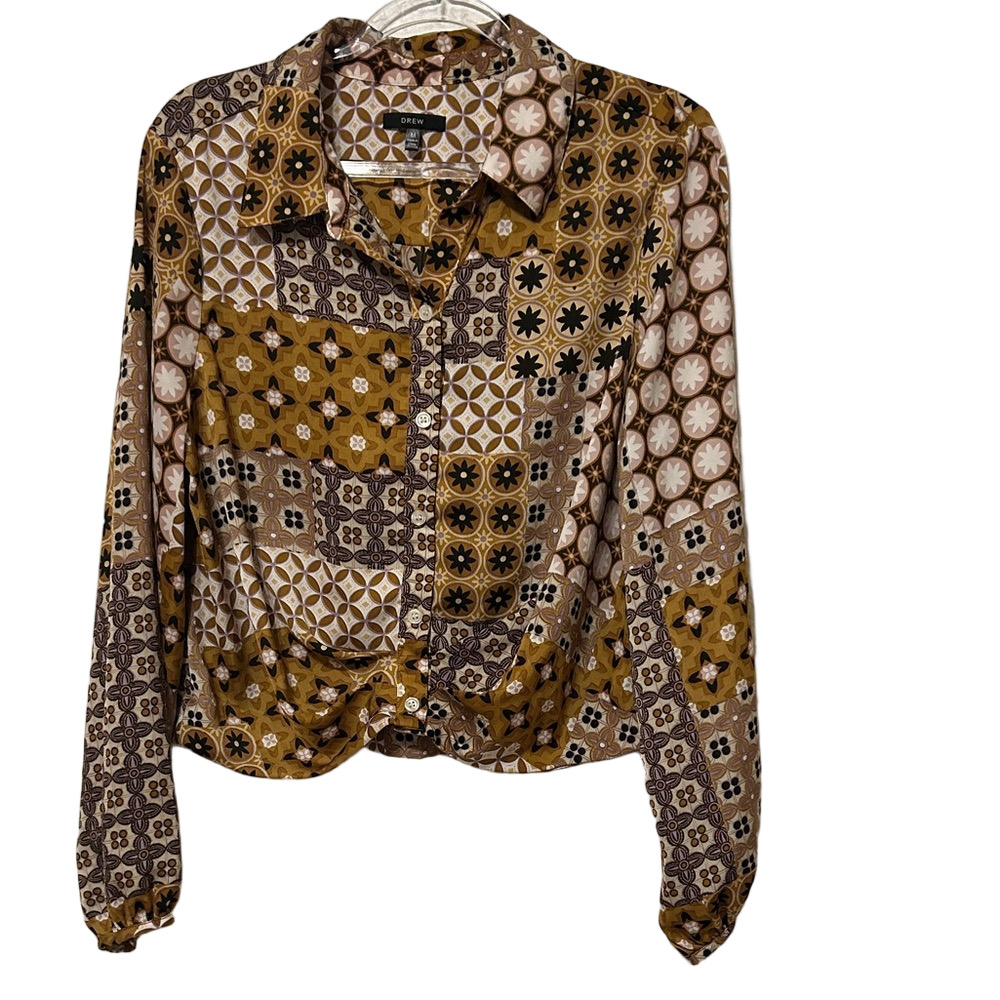 ⛵️DREW Geometric Button-Down Shirt in Brown and Cream size M GUC..